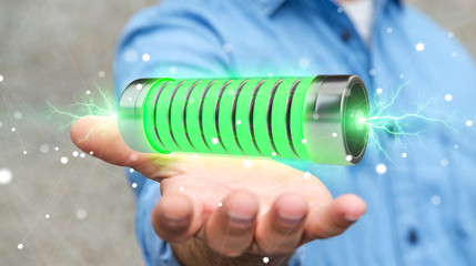 Aufkleber - Businessman using green battery with lightnings 3D rendering