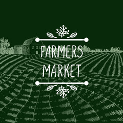 Wall Mural - Vector Icon: Farmers Market, Farm Field Chalk Drawing and Lettering in Doodle Frame.