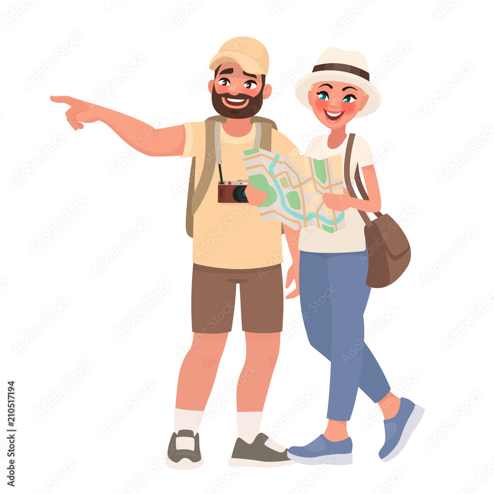 Couple of tourists visiting the sights. Travel to new countries. People and tourism. Vector illustration - obrazy, fototapety, plakaty 