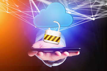 Poster - Padlock security connected to a cloud displayed on a futuristic interface - Connection concept