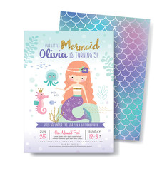 Wall Mural - Kids birthday party front and back invitation card with cute little mermaid and marine life