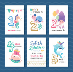 Wall Mural - Birthday card template with cute little marine life cartoon character and birthday anniversary numbers