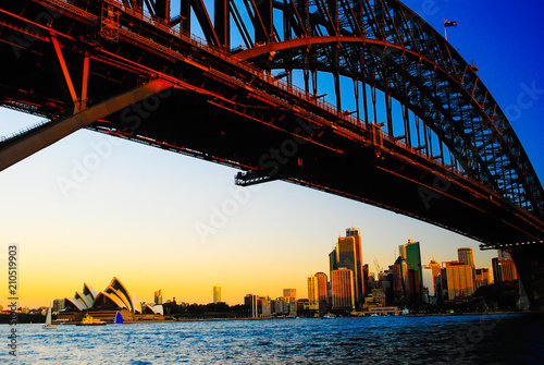 Mighty construction of harbor harbour bridge during sunset sky to downtown city center centre Sydney for holiday and couple romantic honeymoon © BISURJADI