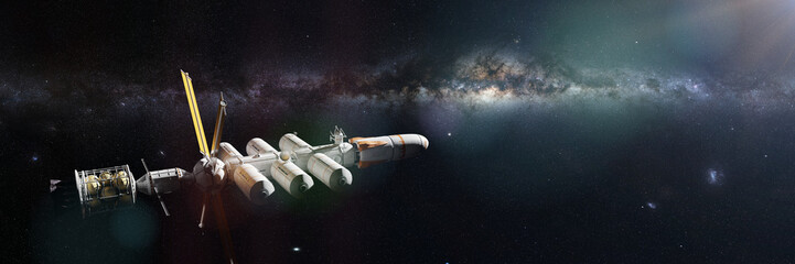 Wall Mural - conceptual spaceship in deep space lit by the beautiful milky way galaxy