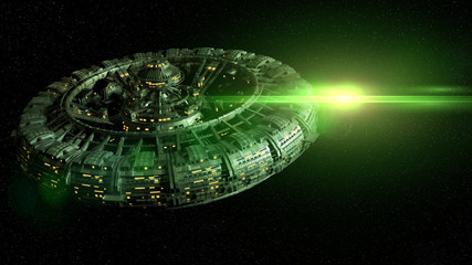 Wall Mural - huge space station in outer space lit by a mysterious green light