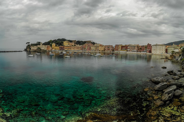 Aerial View of Sestri Levante town in Liguria, Italy. Scenic Mediterranean riviera coast. Historical Old Town with colorful houses and sand beach at beautiful coast of Italy.