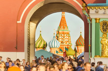 Iberian Gate And St. Basil's Cathedral,people Walking Through Iberian Gate To The Red Square,Moscow,Russia.Shallow Dof