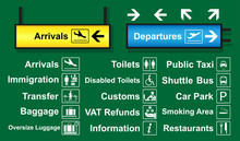 Set Of Airport Signs With Logo And Direction Which Is Often Used Around Airport Terminal.