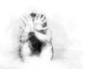 scared man lift hand up for say stop, to protect himself. anti human trafficking campaign. black and