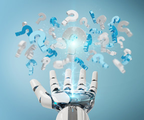 White robot hand using digital question marks 3D rendering