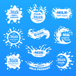 Cow milk splashes with letters. Isolated milks splash for health food store, dairy logo vector label