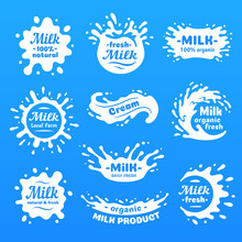 Cow Milk Splashes With Letters. Isolated Milks Splash For Health Food Store, Dairy Logo Vector Label