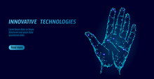 Low Poly Hand Scan Cyber Security. Personal Identification Fingerprint Handprint ID Code. Information Data Safety Access. Internet Network Futuristic Biometrics Technology Identity Verification Vector