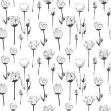 Seamless Pattern With Tulips, Vintage, Grunge Background. Perfect For Print On Fabric, Wrapping Paper Etc.