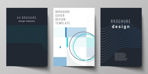 The vector illustration of the editable layout of A4 format cover mockups design templates with geometric background made from dots, circles, rectangles for brochure, magazine, flyer, booklet, report.