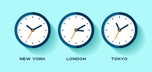 Poster - World time. Simple Clock icons in flat style. New York, London, Tokyo. Watch on blue background. Business illustration for you presentation. Vector design objects.