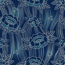 Peony Japanese Pattern Seamless Vector. Oriental Floral Background. Blue Vintage Flowers Print For Interior Home Wallpaper, Jacquard Furniture Textile, Packaging Paper, Kimono Fabric, Silk Scarf.