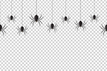Vector Realistic Isolated Seamless Pattern With Hanging Spiders For Decoration And Covering On The Transparent Background. Creepy Background For Halloween.