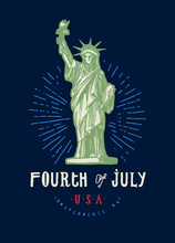 Fourth Of July Liberty Statue Vintage Typography Print On Navy Background