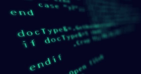 Coding of a computer program, type and scroll. Monitor screen stylized loopable seamless animation.