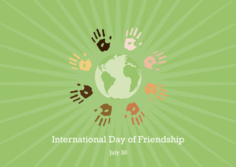 international day of friendship vector. color hand print picture. handprints on a green background. 