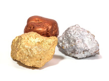 Gold, Bronze And Silver Nugget Precious Stone On White Background