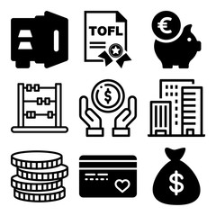 Vector icon set  about bank with 9 icons related to businessman, font, report, skyline and elegant