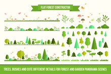 Create Your Own Forest - Flat Constructor Kit. Huge Collection Of Infographic Vector Elements. Set Of Trees, Bushes, Florals And Cute Details For Nature Landscape Panorama Scenes, App And Game Design