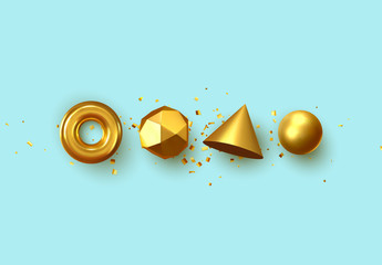 Poster - Set of 3d realistic elements isolated on blue background. Spheres, torus, cones and other geometric shapes. gold colors for trendy designs.
