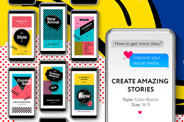 Memphis social media templates with geometric elements, Fashion promo banners for online shopping with pop art pattern, style 80 - 90s, vector illustration.