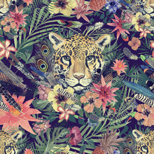 Seamless Hand Drawn Watercolor Pattern With Leopard Head, Flowers, Feathers, Flowers.