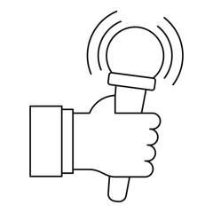 Poster - Microphone in hand icon. Outline microphone in hand vector icon for web design isolated on white background