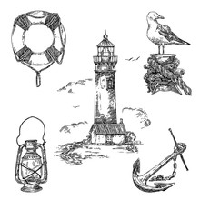 Vintage Nautical Set. Lifebuoy, Old Lantern, Lighthause, Seagull And Anchor. Sketch. Engraving Style. Vector Illustration.