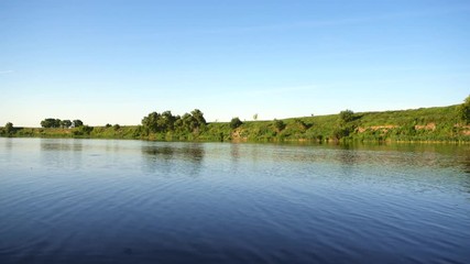Wall Mural - Bright summer nature panorama, forest trees and river with reflection in water, abstract vivid tranquil and relax background