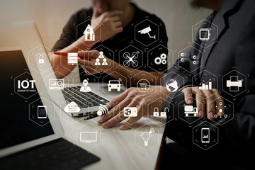 Poster - Business team meeting. Photo professional investor working new start up project. Finance task.Digital tablet docking keyboard laptop computer smart phone using, filter film effect