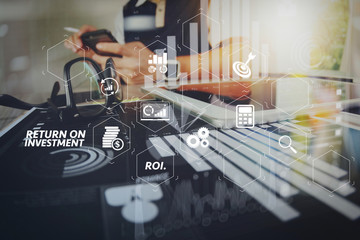 Poster - business documents on office table with smart phone and digital tablet and graph business with social network diagram and man working in the background