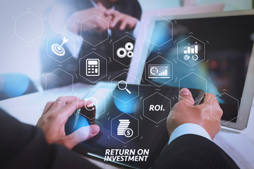 Aufkleber - Business team meeting present. Photo professional investor working with new startup project. Finance managers meeting.Digital tablet laptop computer design smart phone using. Blurred background