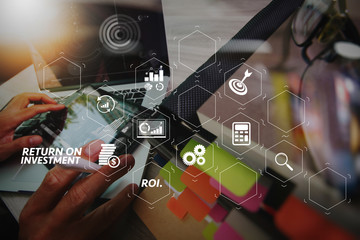 Aufkleber - business documents on office table with smart phone and digital tablet and graph business with social network diagram and man working in the background