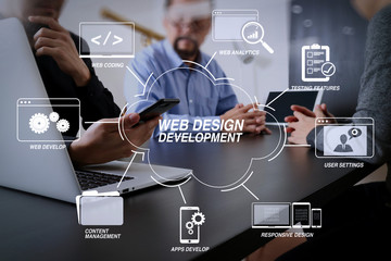 co working team meeting concept,businessman using smart phone and digital tablet and laptop computer in modern office