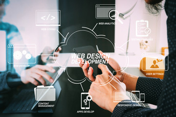 co working team meeting concept,businessman using smart phone and digital tablet and laptop computer in modern office