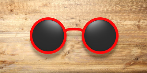 Wall Mural - Sunglasses round red with black lens, isolated on a wooden background, 3d illustration.