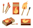 Collection of matches. Burning match with fire, opened matchbox, burnt matchstick. Flat design style. Vector illustration isolated on white background