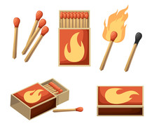 Collection Of Matches. Burning Match With Fire, Opened Matchbox, Burnt Matchstick. Flat Design Style. Vector Illustration Isolated On White Background