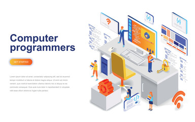 Computer programmers modern flat design isometric concept. Software development and people concept. Landing page template. Conceptual isometric vector illustration for web and graphic design.