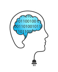 Poster - Ai - Artificial intelligence concept with head silhouette made of wire and brain made of binary code
