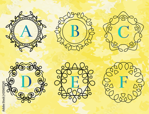 Monogram template with flourishes calligraphic elegant ornament watercolor ba...