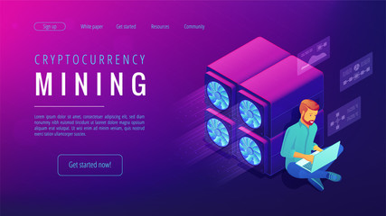 Poster - isometric cryptocurrency mining landing page concept. blockchain global system, video card server fa