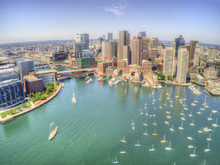 Boston, Massachusetts Skyline From Above By Drone During Summer Time