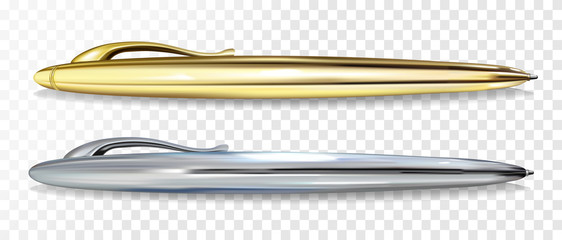 Ballpoint pen vector illustration of 3D realistic golden and silver mockup models with clipper for premium writing pens stationery and branding design template