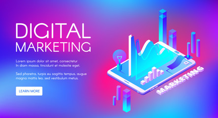 Fototapete - Digital marketing vector illustration of business market research and development. Isometric data infographic of profit charts or income growth and idea lamp in smartphone on ultraviolet background